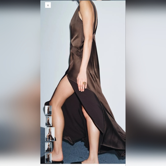 Satin V-Neck Brown Slip Dress - Picture 4 of 12